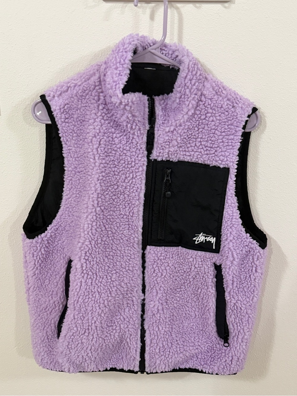 Stussy Lavender Sherpa Vest with Black Zip Pocket